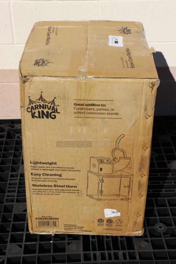 Brand new sealed Carnival King SCM250 Sno Cone Ice Machine in original packaging. Box details specs and condition.
