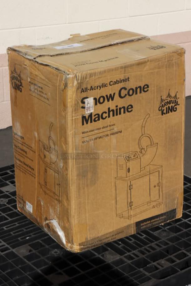 Brand new Carnival King SCM250 Sno Cone Ice Machine in sealed box, 120V, 1 Phase, 250W, original packaging intact.