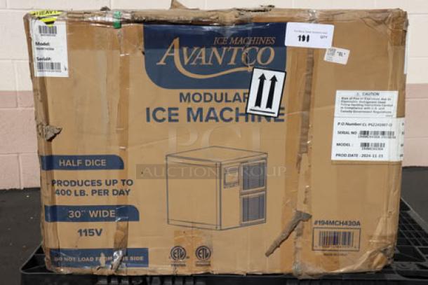 Avantco MC-H-430-A Ice Machine in original damaged box; modular half cube, 400 lb/day, 30" air-cooled, 115V.