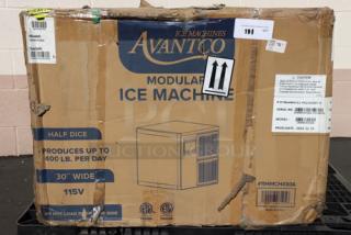 Avantco MC-H-430-A Ice Machine in original damaged box; modular half cube, 400 lb/day, 30" air-cooled, 115V.