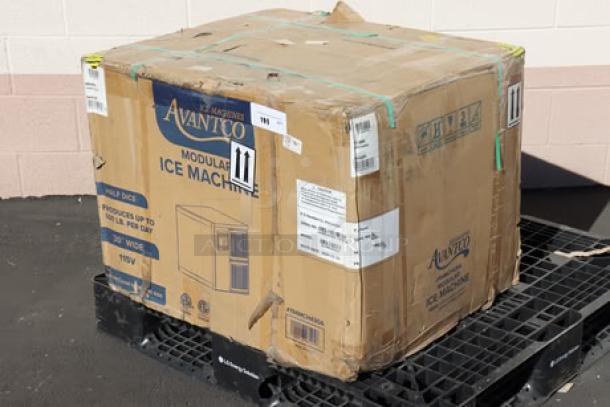 Brand new Avantco MC-H-430-A modular half cube ice machine, 400 lb capacity, 115V, boxed with labels.