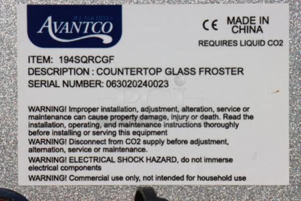 Brand new Avantco Ice countertop glass froster, model 194sqrcgf, requires liquid CO2. Serial number 063020240023, made in China.