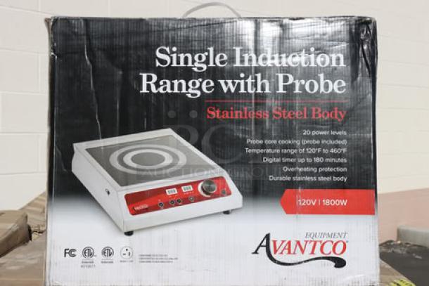 Brand new Avantco IC1800P countertop induction range with probe, 120V, 1800W, stainless steel body, digital timer up to 180 minutes.