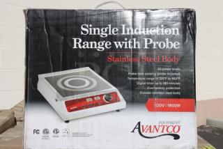 Brand new Avantco IC1800P countertop induction range with probe, 120V, 1800W, stainless steel body, digital timer up to 180 minutes.