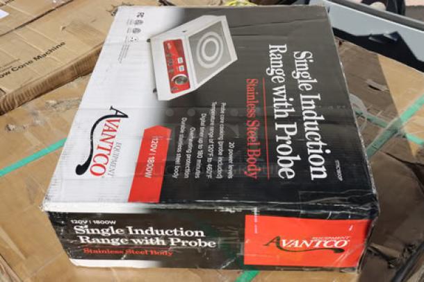 Brand new Avantco IC1800P induction range with probe, in sealed box, 120V, 1800W, stainless steel body, detailed packaging.