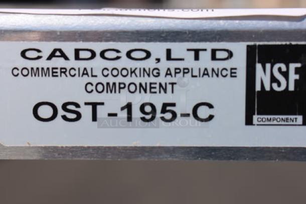 Cadco OST-195-C aluminum oven stand label indicates NSF certification and commercial use.