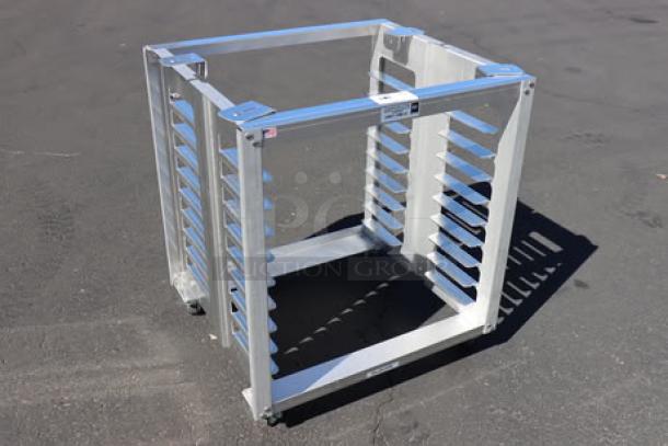 Cadco OST-195-C heavy-duty aluminum oven stand for full-size convection ovens, features caster wheels, brand new condition.