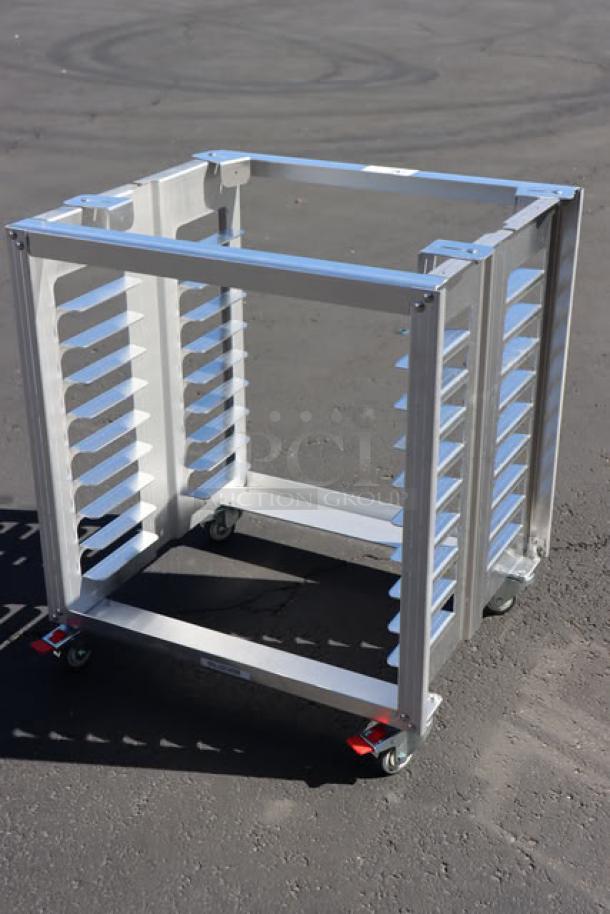 Brand new Cadco OST-195-C heavy-duty aluminum oven stand with casters for full-size convection ovens.