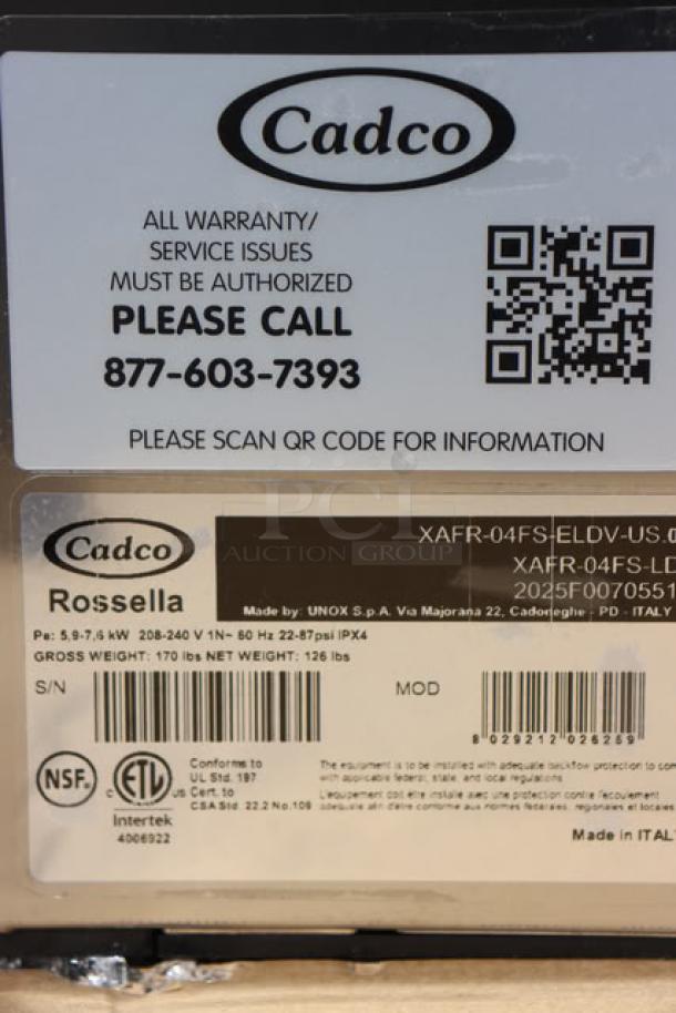 Cadco XAF-193 Convection Oven label, features serial number 2025F0070388, voltage and power details, with warranty information.