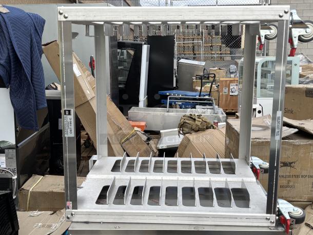 Brand new Cadco OST-195-C heavy-duty aluminum oven stand with casters, visible labels, suitable for full-size convection ovens.