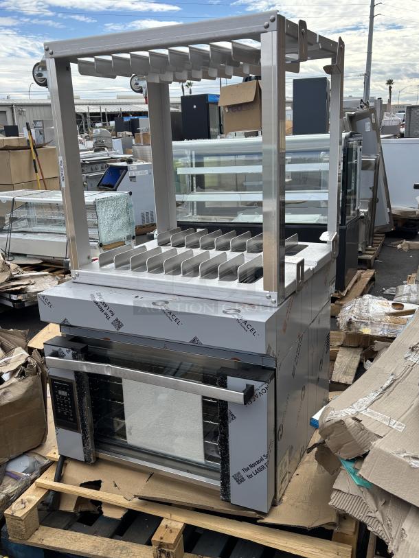 Cadco XAF-193 convection oven and OST-195-C stand, brand new, 4-shelf, broken outer glass pane, includes casters.