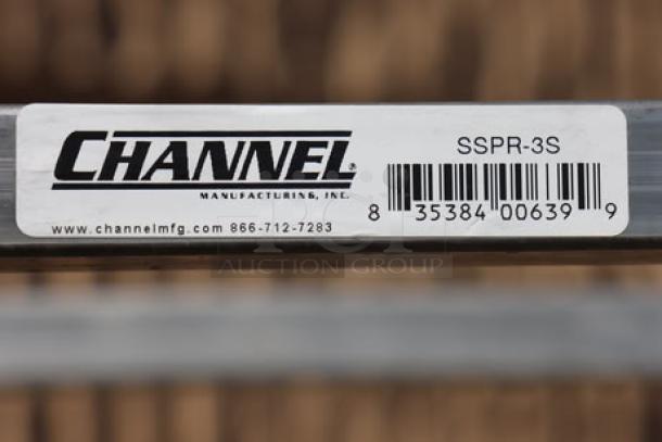 Brand label showing "Channel SSPR-3S" on a new scratch-n-dent stainless steel steam table pan rack with a bend.
