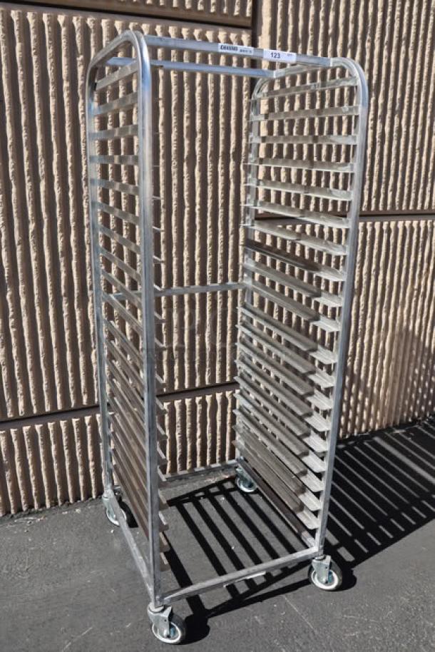 Channel SSPR-3S steam table pan rack with 38 slots, stainless steel, new with bend, assembled, on wheels.