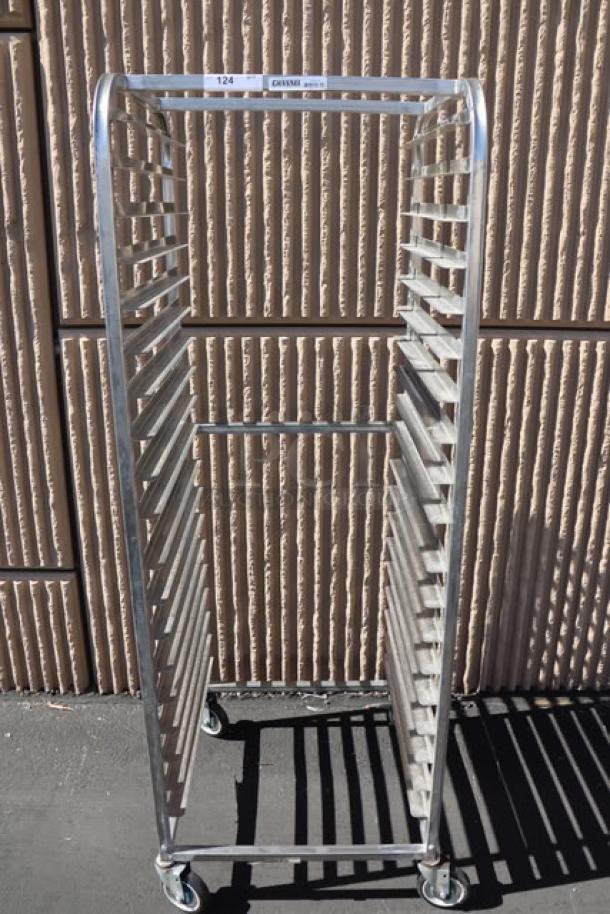 Channel SSPR-3S 38 Pan Side Load Stainless Steel Steam Table Pan Rack, new with bend, on wheels, model number visible.