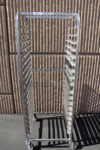 Channel SSPR-3S 38 Pan Side Load Stainless Steel Steam Table Pan Rack, new with bend, on wheels, model number visible.