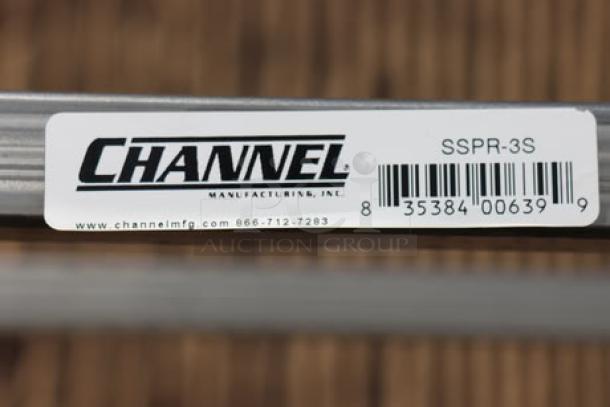 Channel SSPR-3S steam table pan rack label showing brand, model, website, and barcode. Item is new with a bend.