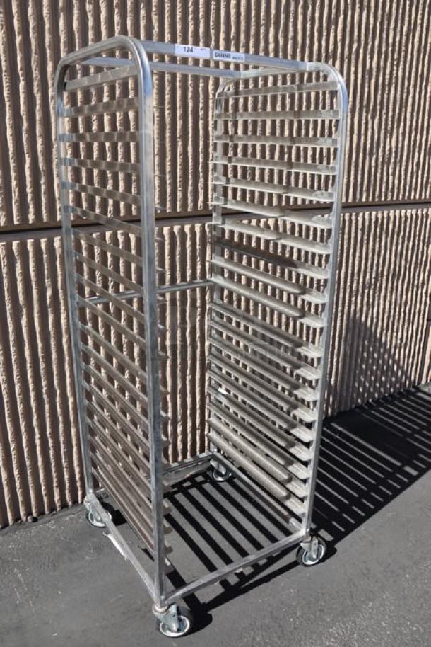 Brand new Channel SSPR-3S 38 pan side load stainless steam table pan rack with bend, assembled, scratch-and-dent condition.