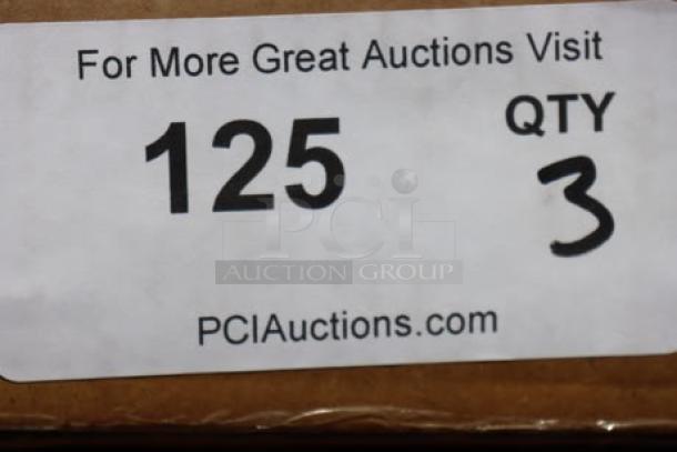 Lancaster Table & Seating 164CUSHMTLVN wood seats, new in box, 3 cartons, each with 5 seats, total 15 seats, auction label visible.