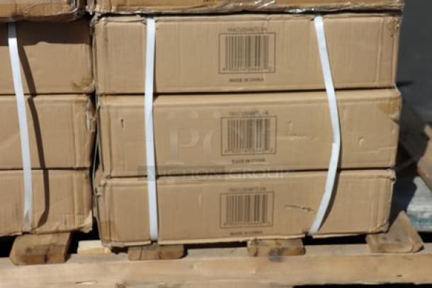 Three cartons of Lancaster Table & Seating 164CUSHMTLVN vintage wood seats on a pallet, brand new and unopened.