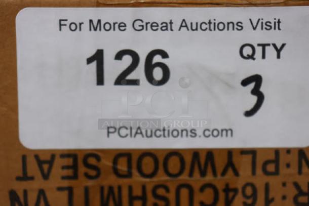 3 cartons of 5 Lancaster Table & Seating 164CUSHMTLVN vintage wood seats, brand new, in unopened boxes. Total 15 seats.