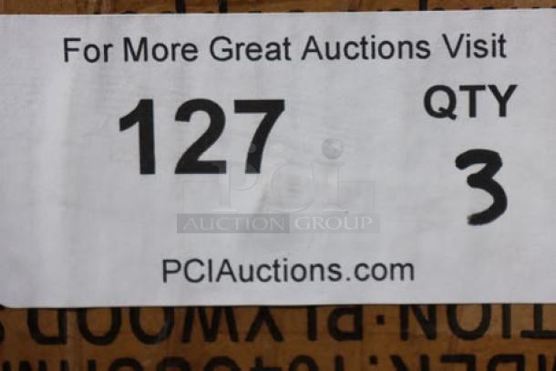 Label showing item number 127 and quantity 3 for PCI Auctions.