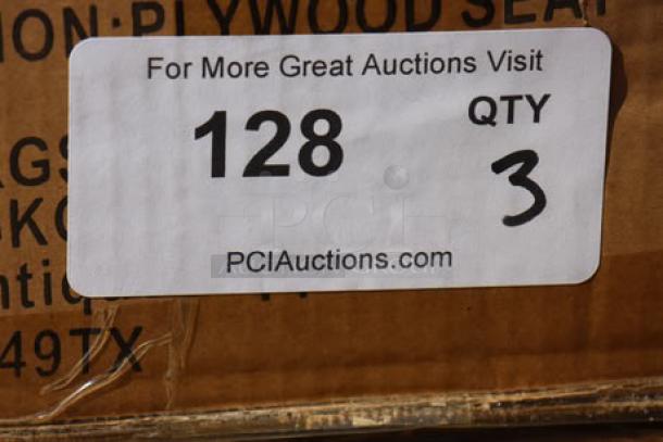 Three cartons of Lancaster Table & Seating model 164CUSHMTLVN vintage wood seats for metal frames, brand new. Total 15 seats.