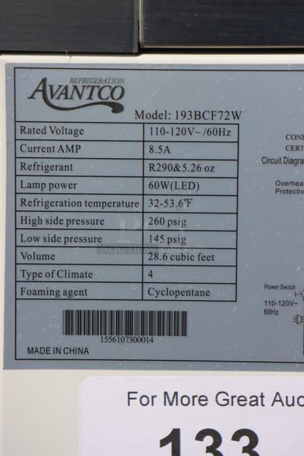 Alt text: Avantco BCF-72-HC bakery display case label, showing model 193BCF72W, 8.5A, 115V, 1 phase, with R290 refrigerant.