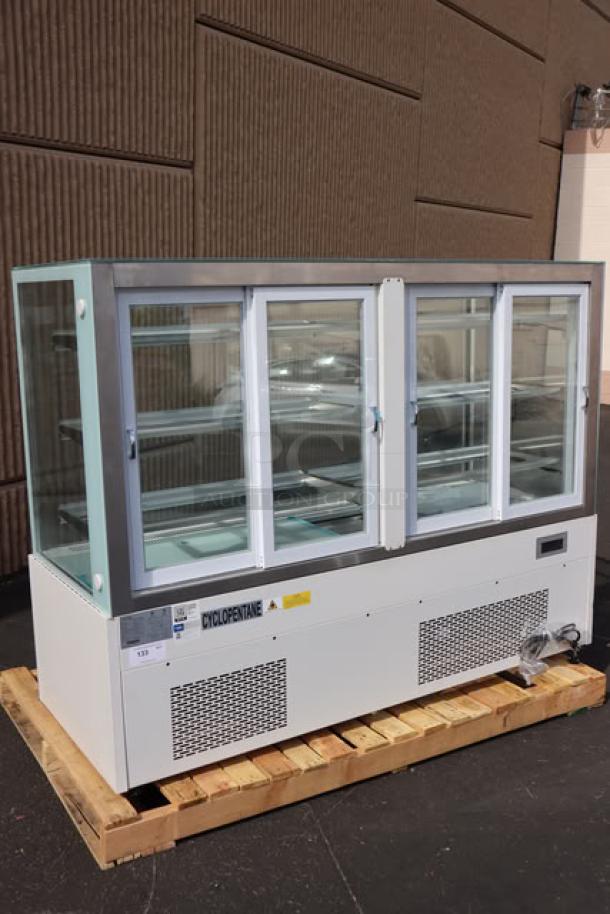 Brand new Avantco BCF-72-HC refrigerated bakery display case, square glass, 70 7/8", minor defects, 115V, 8.5A, 1 phase.