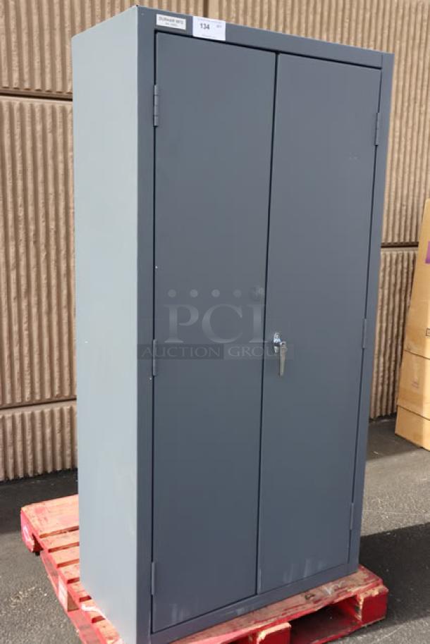 Brand new Durham Mfg 36"x24"x84" 16-gauge steel 4-shelf storage cabinet, model 2500-4S-95, with minor dents.