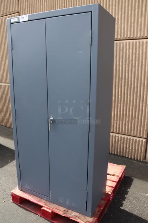 Brand new Durham Mfg 2500-4S-95 steel storage cabinet, 36"x24"x84", 4 shelves. Minor scratch-n-dent, blue finish.