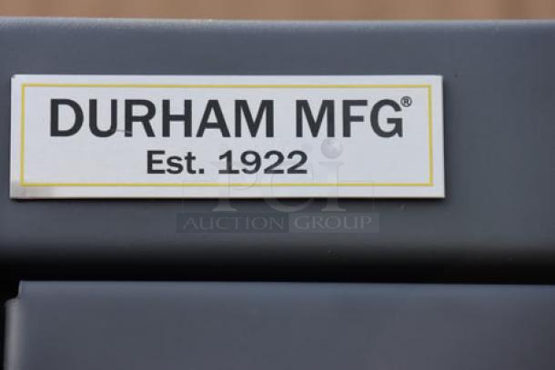 Durham Mfg logo on 16-gauge steel storage cabinet, model 2500-4S-95, measuring 36"x24"x84", noted as scratch-n-dent.