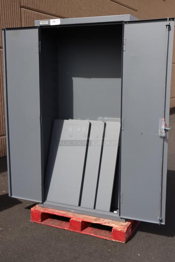 Brand new scratch-n-dent Durham Mfg 4-shelf steel cabinet, model 2500-4S-95. Size: 36"x24"x84". 16 gauge. Doors open.