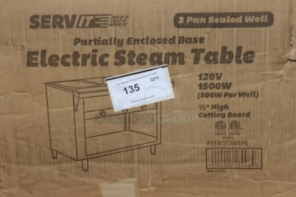 Brand new ServIt 423EST3WSPB electric steam table, three-pan, 120V, 1500W, partially enclosed base, packaging ripped.