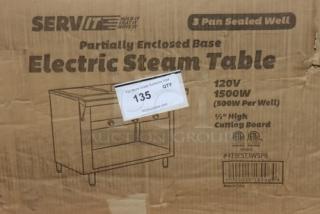 Brand new ServIt 423EST3WSPB electric steam table, three-pan, 120V, 1500W, partially enclosed base, packaging ripped.
