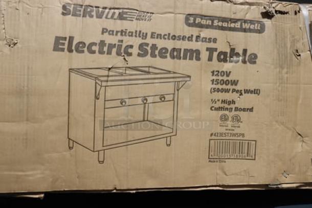 Brand new ServIt 423EST3WSPB three pan sealed well electric steam table, partially enclosed base, 120V, 1500W, packaging ripped.