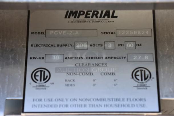 Imperial Range label for PCVE-2 electric convection oven, serial number 12259824, 208 volts, 53 amps, may have scratches and dents.