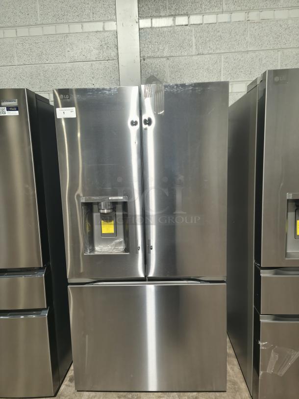 LG Counter-Depth MAX™ French Door Refrigerator, model LG LF24Z6530S/00, stainless steel, 3-door, visible water/ice dispenser.