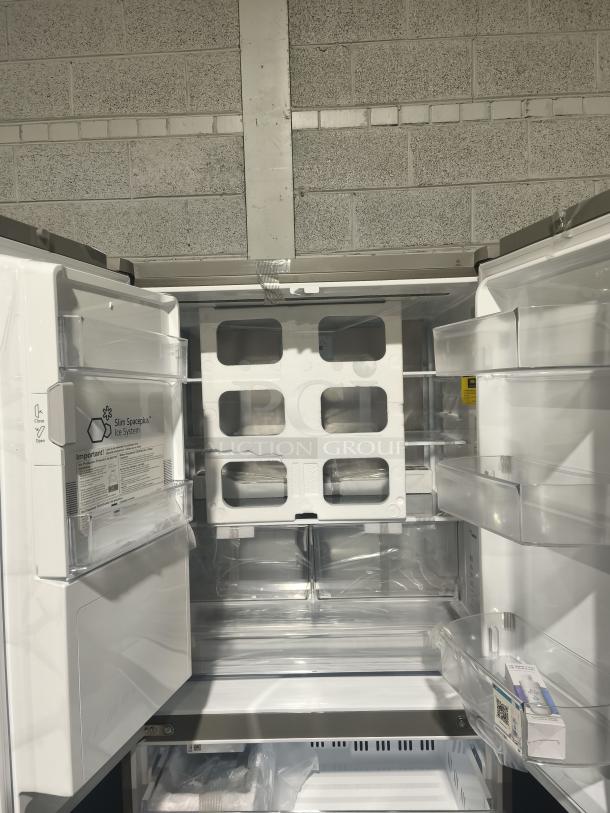 LG Counter-Depth MAX™ French Door Refrigerator, model LF24Z6530S, new condition. Features spacious interior with storage bins.