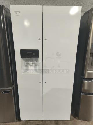 Frigidaire 22.3 Cu. Ft. side-by-side refrigerator, model FRSS2323AW, brand new with minor scratches and dents, white exterior.
