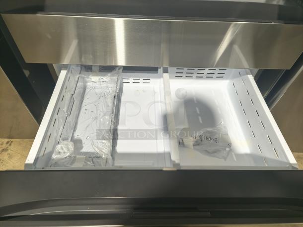 BRAND NEW SCRATCH AND DENT Samsung Bespoke 4-Door French Door Refrigerator RF70F29DER, featuring a FlexZone™ Drawer with inner storage compartments.