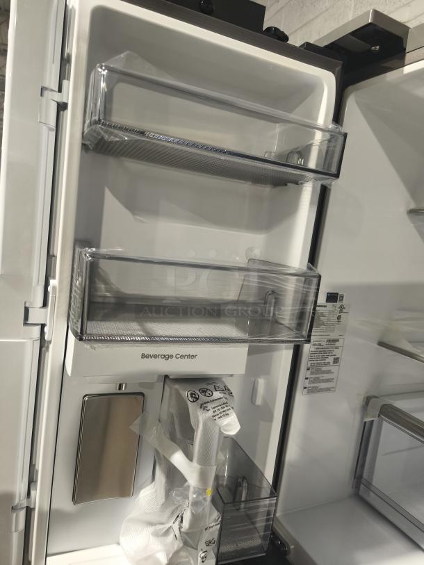 Brand new Samsung Bespoke 4-door fridge, model RF70F29DER, showing inner beverage center and FlexZone™ drawer features.