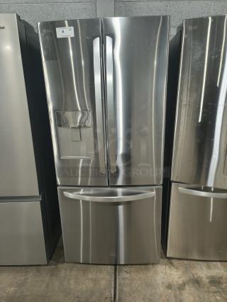 Brand new LG 22 cu ft French Door Refrigerator, stainless steel, with water/ice dispenser. Scratch and dent condition.