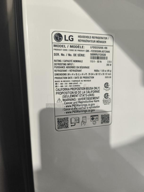 Brand new LG 22 cu ft French Door Refrigerator, model LFDS22520S, with water and ice dispenser. Minor scratches.
