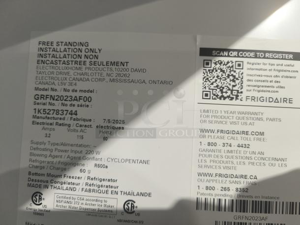 Label on Frigidaire Gallery 20 cu ft French Door Refrigerator, model GRFN2023AF00, details installation and warranty info.
