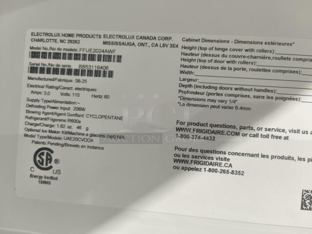 Frigidaire model FFUE2024AW label showing specs: 20 cu ft garage-ready upright freezer, 115 volts, 206W power, R600a refrigerant.
