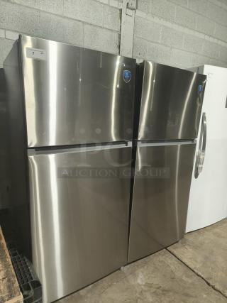 NEW Midea MRT18D3BST 18.1 cu ft top-freezer refrigerator, stainless steel, energy-efficient, visible stickers, pristine condition.