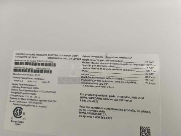 Label on Frigidaire 20 cu. ft. Garage-Ready Upright Freezer, model FRUF2020AW, showing dimensions and electrical details.