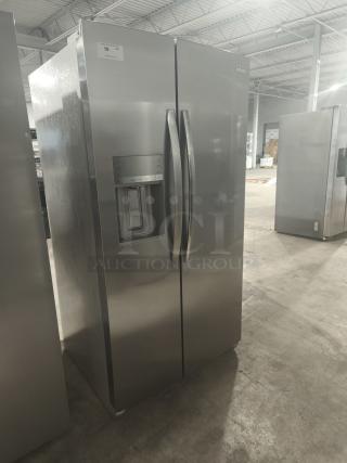 Frigidaire Gallery 25.6 cu ft side-by-side refrigerator, model GRSS2652AFA, new condition, stainless steel finish.