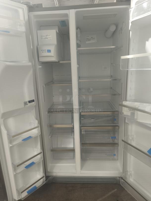 Frigidaire Gallery GRSS2652AFA 25.6 cu ft side-by-side refrigerator, new, spacious interior, adjustable shelves, labeled bins.