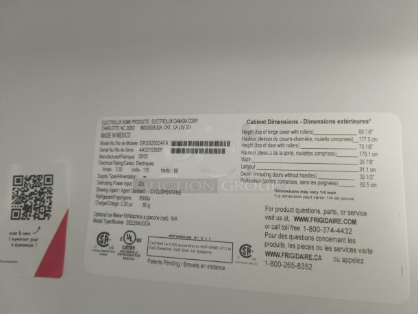 Label showing model "GRSS2652AFA" of Frigidaire Gallery 25.6 cu ft side-by-side refrigerator. Includes dimensions and electrical specs.